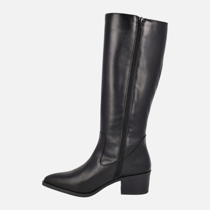 Botas negras de tacón con caña alta y elástico para mujer