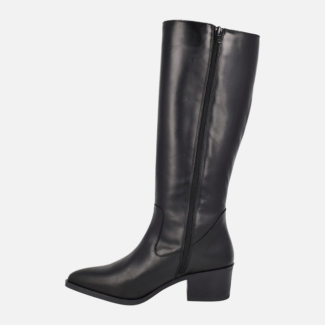 Botas negras de tacón con caña alta y elástico para mujer