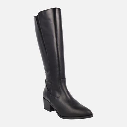 Botas negras de tacón con caña alta y elástico para mujer