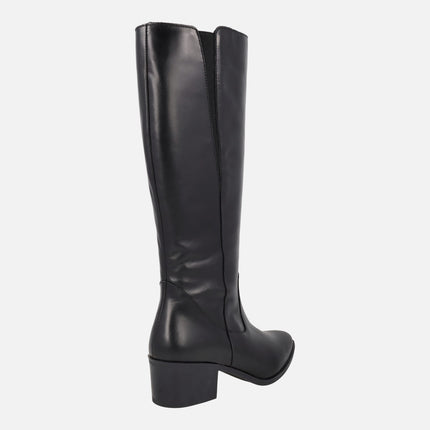 Botas negras de tacón con caña alta y elástico para mujer