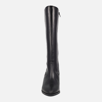 Botas negras de tacón con caña alta y elástico para mujer