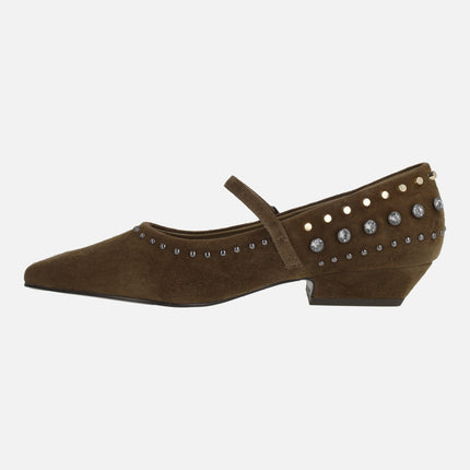 Zapatos de ante con tachas y pedrería A-NIZA taupe