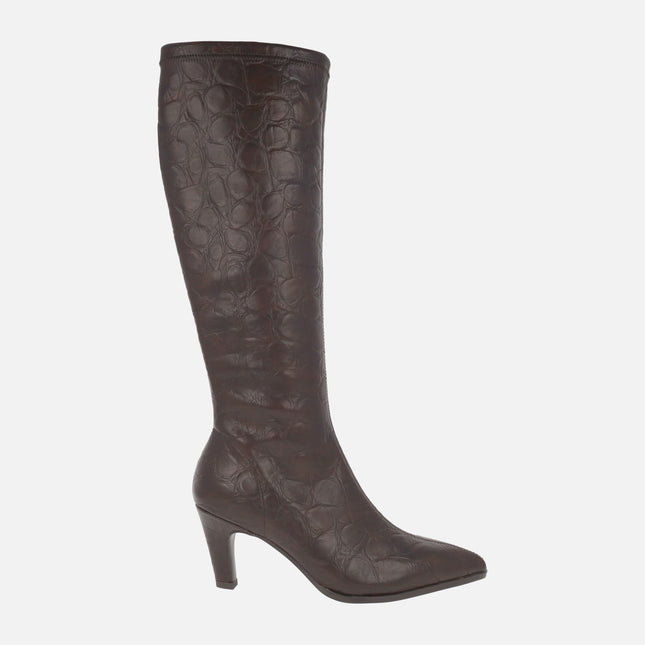 Botas altas marrones A-OSIRIS en tejido elástico efecto piel grabada