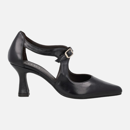 GARIL black leather pumps with slits and buckle strap