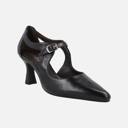 GARIL black leather pumps with slits and buckle strap