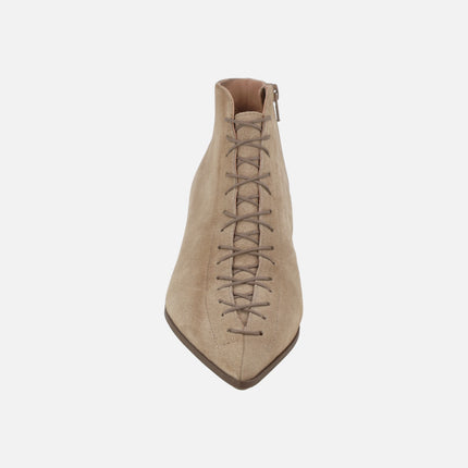 Paris heeled ankle boots with pointed toe and corset-effect laces in dark beige suede
