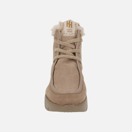 Lace-up ankle boots in beige suede with fur lining