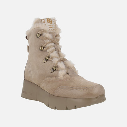 Botines de cordones en piel serraje con forro de pelo