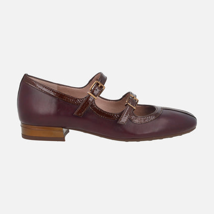 Oslo ballerinas combined in burgundy and brown with double bracelet on the instep