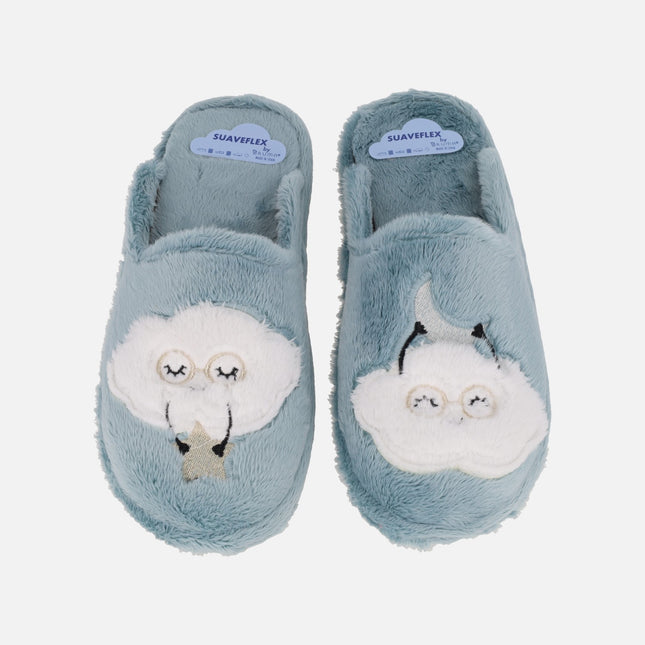 Zapatillas de casa descalzas para mujer en pelo azul con nubes
