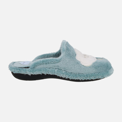 Zapatillas de casa descalzas para mujer en pelo azul con nubes