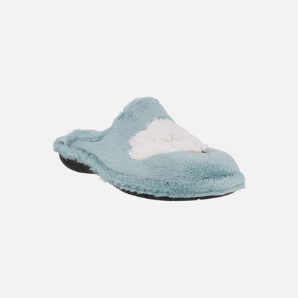 Zapatillas de casa descalzas para mujer en pelo azul con nubes