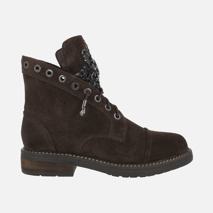 Brown suede military style ankle boots with rhinestone tongue