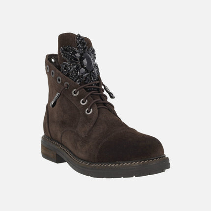 Brown suede military style ankle boots with rhinestone tongue