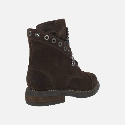 Brown suede military style ankle boots with rhinestone tongue
