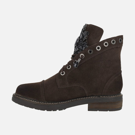 Brown suede military style ankle boots with rhinestone tongue