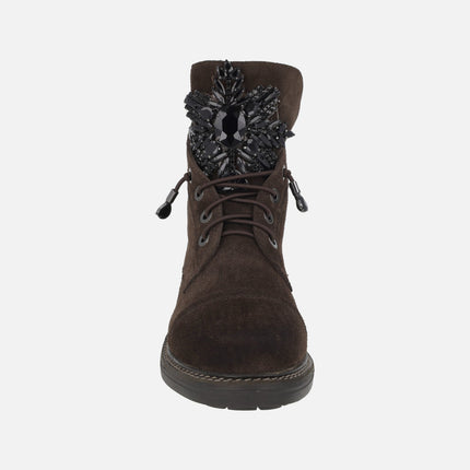 Brown suede military style ankle boots with rhinestone tongue