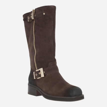 High boots in brown suede with zipper and gold buckles