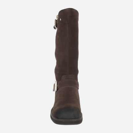 High boots in brown suede with zipper and gold buckles