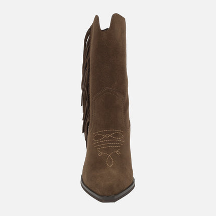 Botas para mujer en serraje marrón estilo cowboy con flecos
