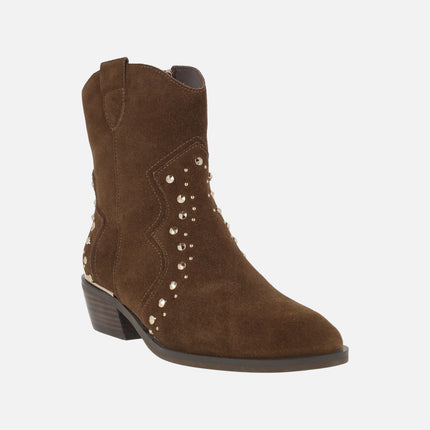 Cowboy style ankle boots in brown suede with gold studs