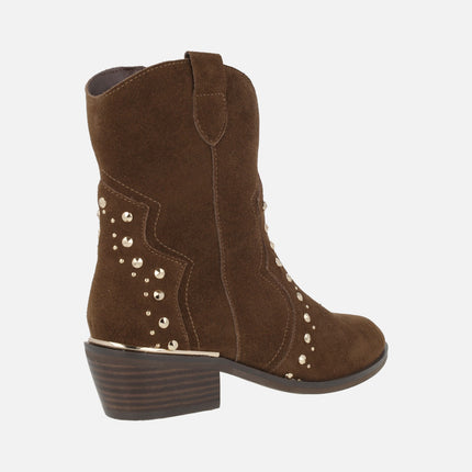 Cowboy style ankle boots in brown suede with gold studs