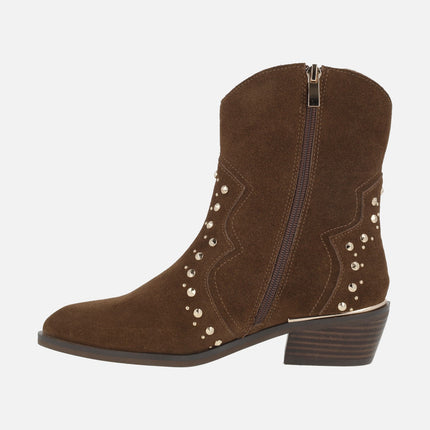Cowboy style ankle boots in brown suede with gold studs