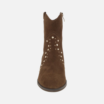 Cowboy style ankle boots in brown suede with gold studs
