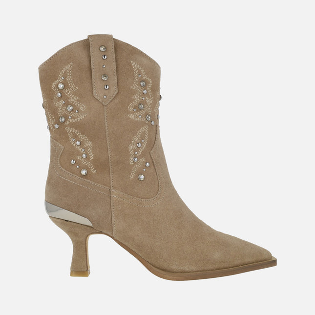 Heeled ankle boots in mink suede with embroidery and metal studs