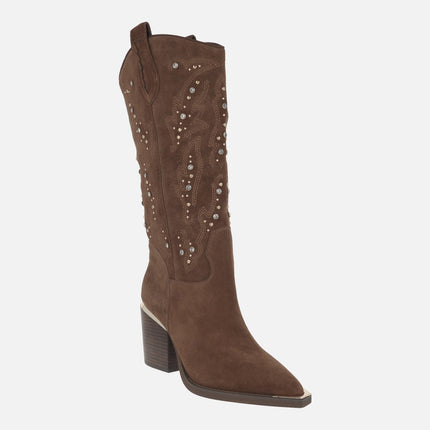 High suede cowboy style boots with rhinestones and embroidery