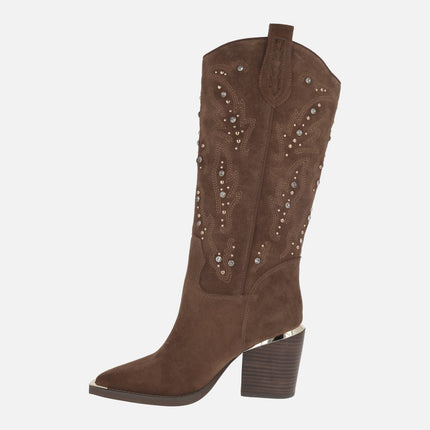High suede cowboy style boots with rhinestones and embroidery
