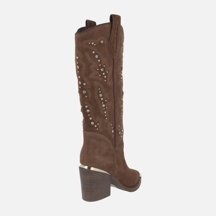 High suede cowboy style boots with rhinestones and embroidery