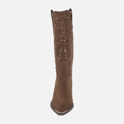 High suede cowboy style boots with rhinestones and embroidery