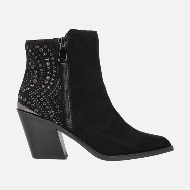 Women's high-heeled ankle boots in suede leather with rhinestone details