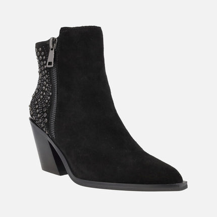 Botines de tacón para mujer en piel serraje con detalles en pedrería
