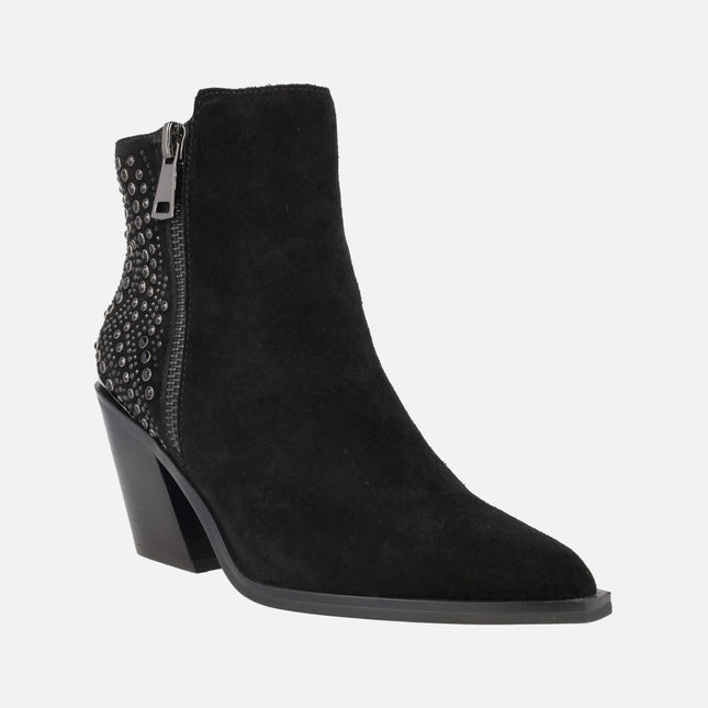 Women's high-heeled ankle boots in suede leather with rhinestone details