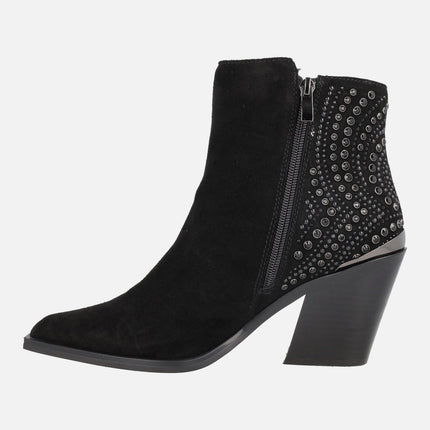 Botines de tacón para mujer en piel serraje con detalles en pedrería