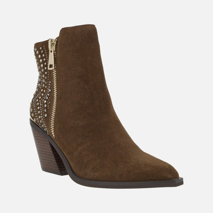 Botines de tacón para mujer en piel serraje con detalles en pedrería