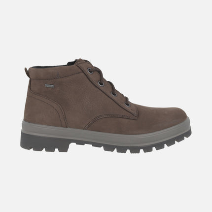 Low lace-up ankle boots for men in taupe nubuck with waterproof membrane
