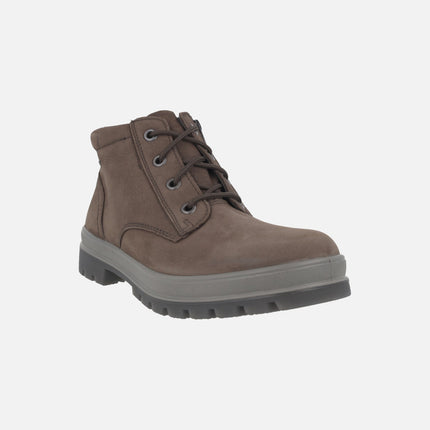 Low lace-up ankle boots for men in taupe nubuck with waterproof membrane