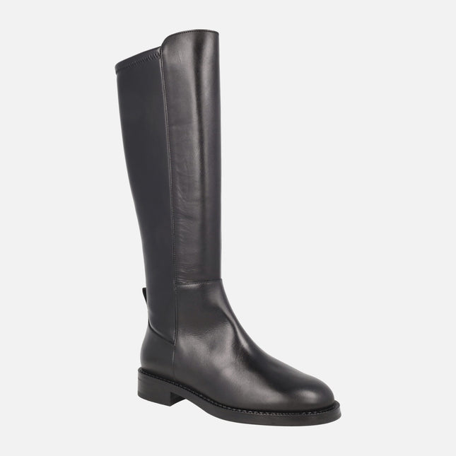 Black Leather High Boots with Elastic Back C-7705