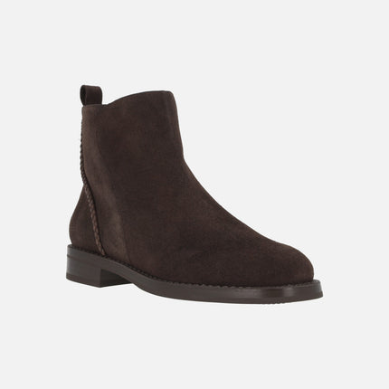 Brown suede leather ankle boots with braided leather detail
