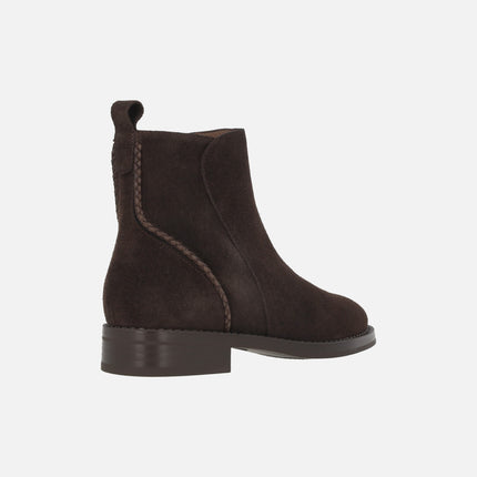 Brown suede leather ankle boots with braided leather detail