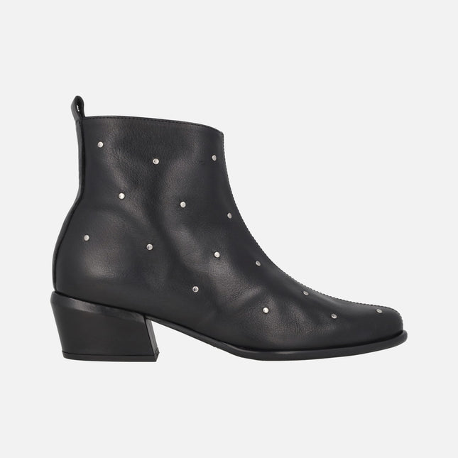 Black leather ankle boots with silver studs
