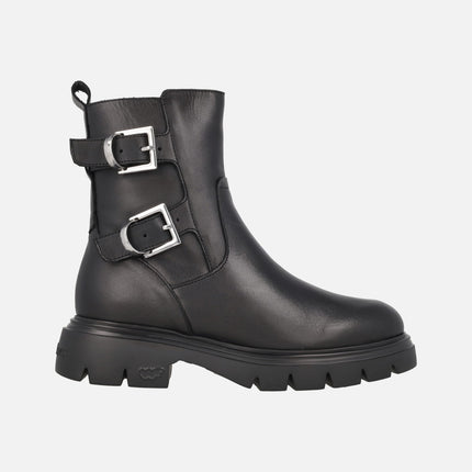 Black leather ankle boots with buckles and FLYGRIP sole