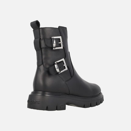 Black leather ankle boots with buckles and FLYGRIP sole