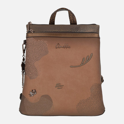 Voyage backpacks in combined camel and metallic