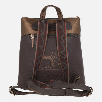 Voyage backpacks in combined camel and metallic