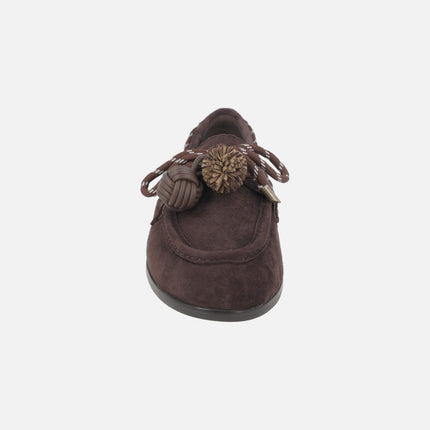 Boating shoes in brown suede with laces and pompom decoration