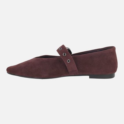 Mary Jane style ballet flats with bracelet in burgundy suede